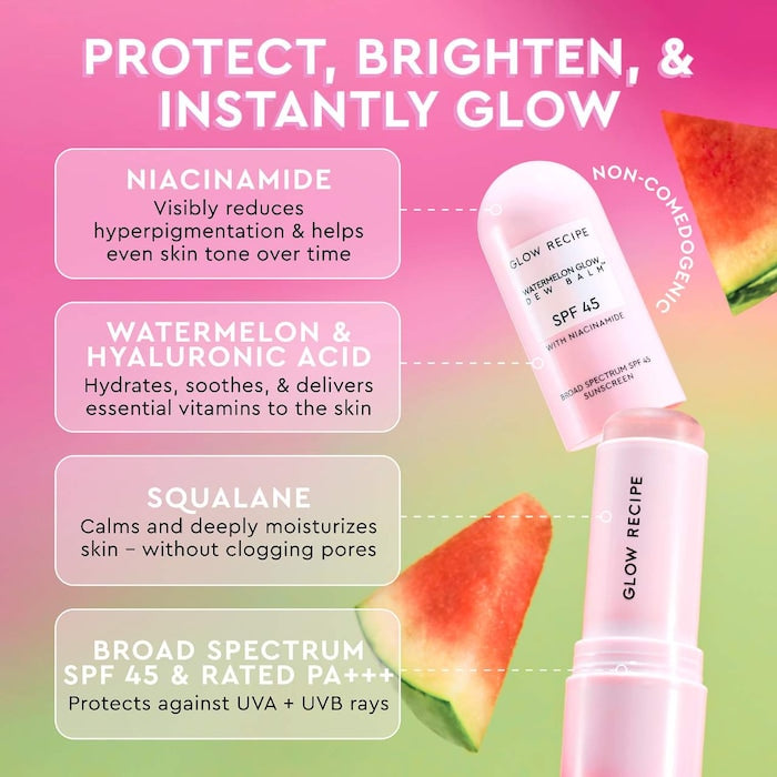 Glow Recipe Watermelon Glow Niacinamide Dew Balm Face Sunscreen Stick- סטיק קרם הגנה שקוף גלואו רספי