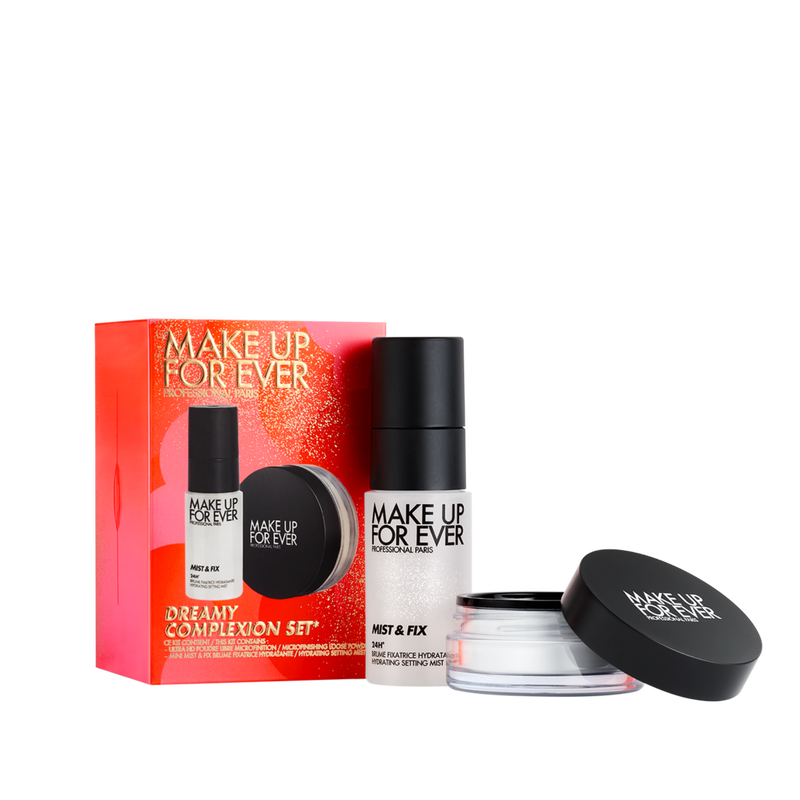 Make Up Forever Dreamy Complexion Set - סט פודרה שקופה בגודל מלא וספריי מקבע מוקטן מייקאפ פוראבר