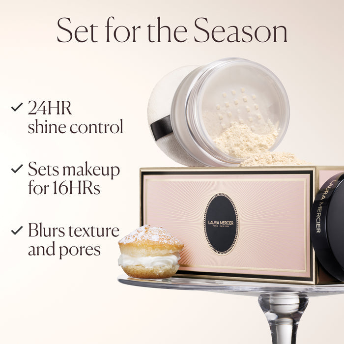 Laura Mercier Indulgent Icons Translucent Loose Setting Powder + Puff - מארז פודרה שקופה בגודל מלא ופאף לאורה מרסייר