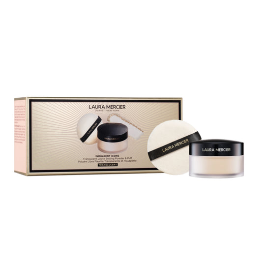 Laura Mercier Indulgent Icons Translucent Loose Setting Powder + Puff - מארז פודרה שקופה בגודל מלא ופאף לאורה מרסייר
