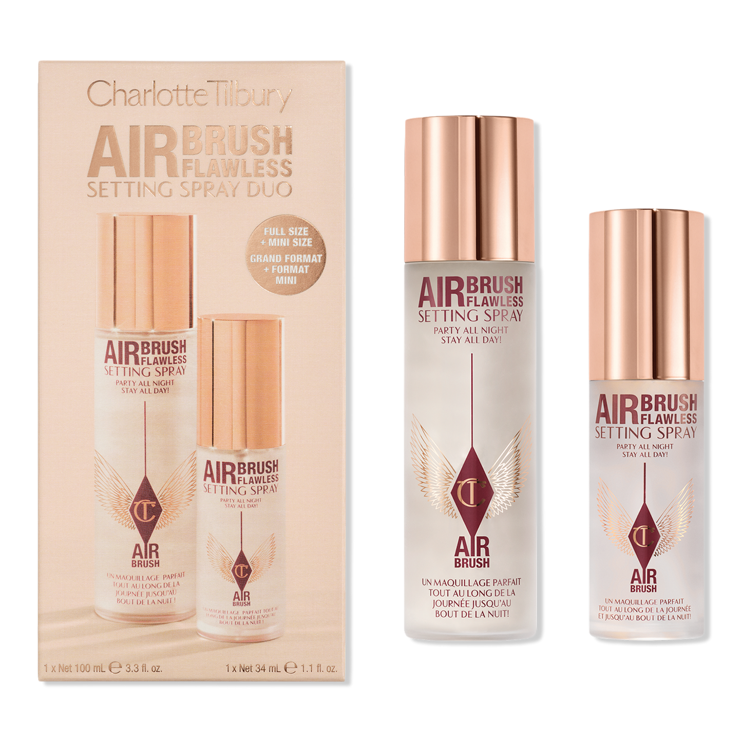 Charlotte Tilbury Airbrush Flawless Setting Spray Duo - מארז ספריי מקבע בגודל מלא ומוקטן שרלוט טילבורי - החנות שמוכרת את מוצרי ספורה בארץ